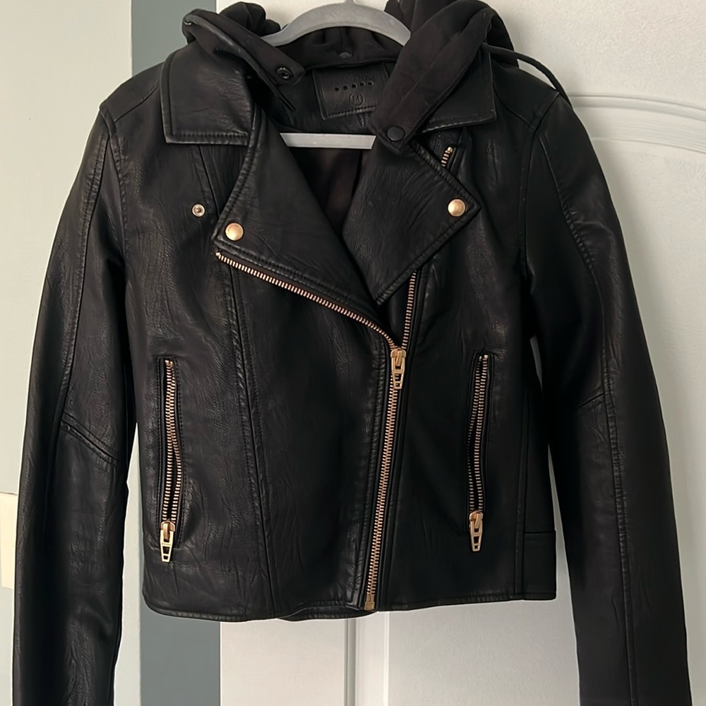 Faux leather jacket with detachable hood